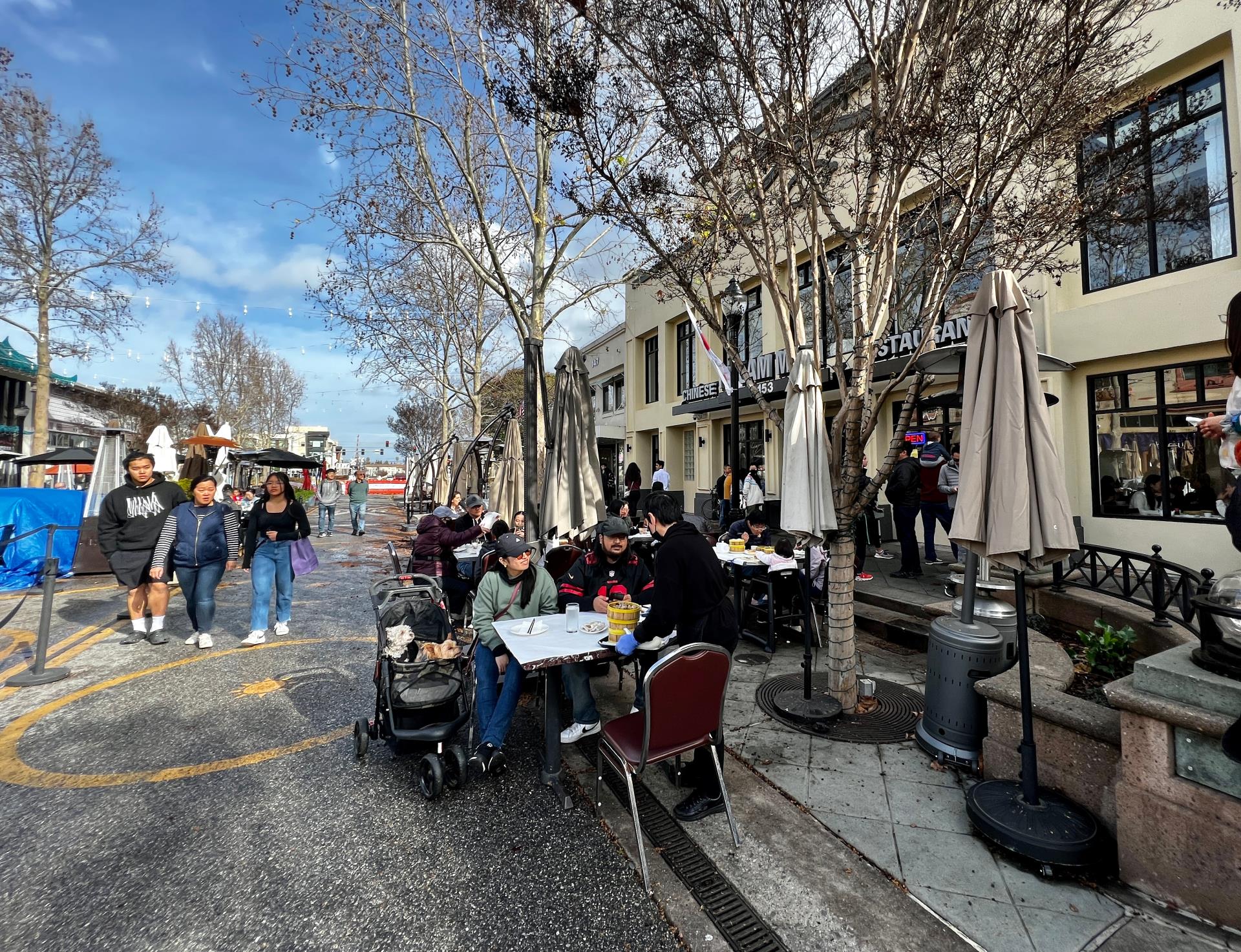 Castro Street outdoor dining with pedestrians