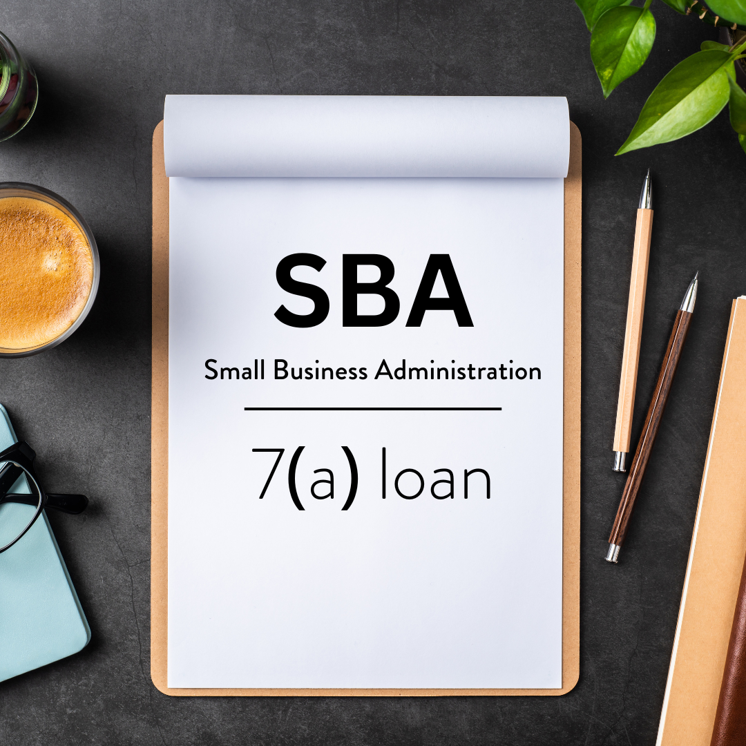 Clipboard on a table that says SBA Small Business Administration 7(a) Loan